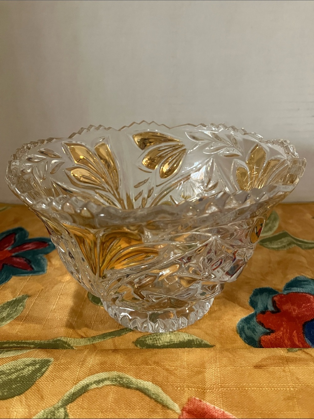 Clear Cut Glass Decorative Bowl with Gold Accents